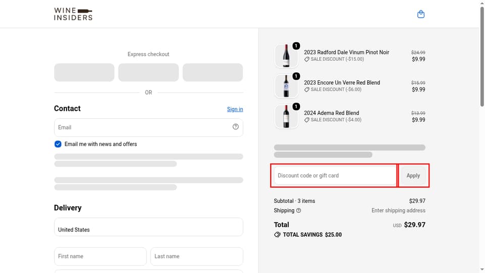 Wine Insiders checkout page showing the Discount code or gift card field and Apply button