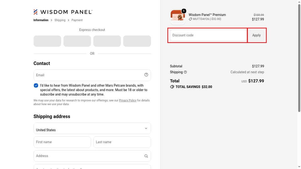 Wisdom Panel checkout page showing the Discount code field and Apply button