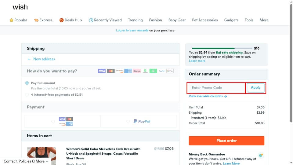 Wish checkout page showing the Enter Promo Code field and Apply button