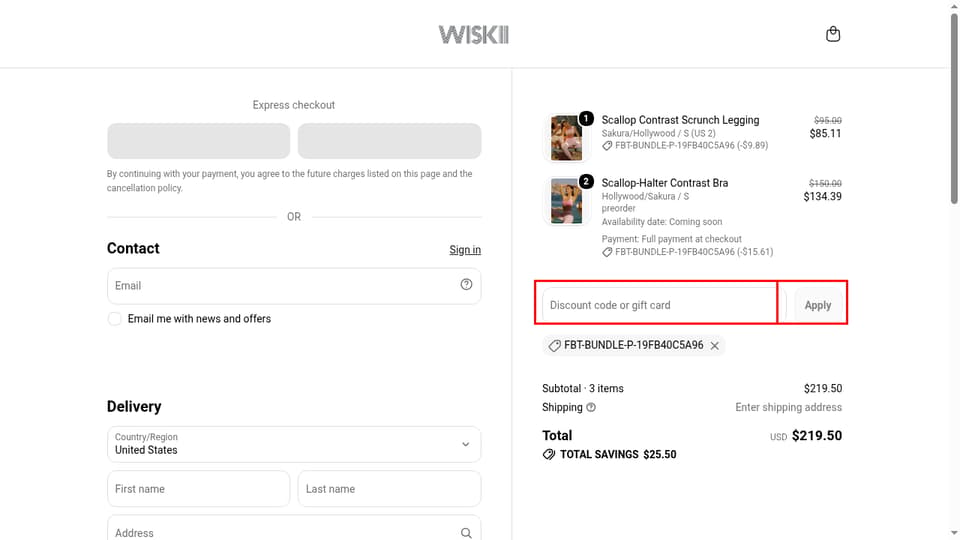 WISKII Active checkout page showing the Discount code or gift card field and Apply button