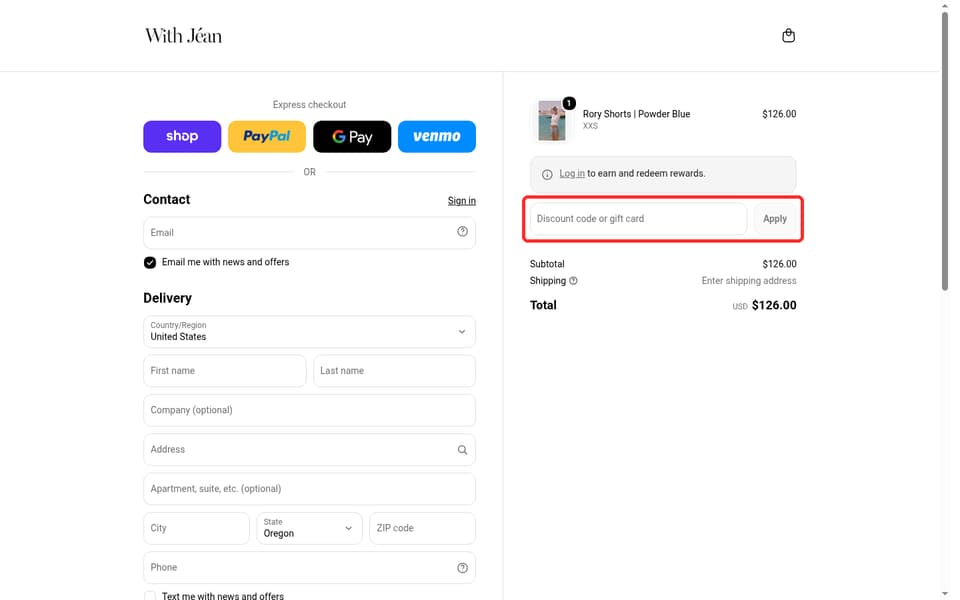 With Jéan checkout page showing the Discount code or gift card field and Apply button