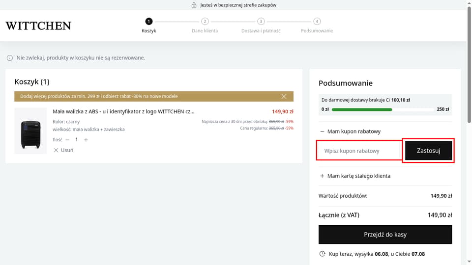 WITTCHEN checkout page showing the Wpisz kupon rabatowy field and Zastosuj button
