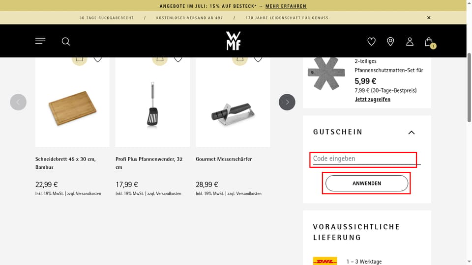 WMF checkout page showing the Code eingeben field and Anwenden button