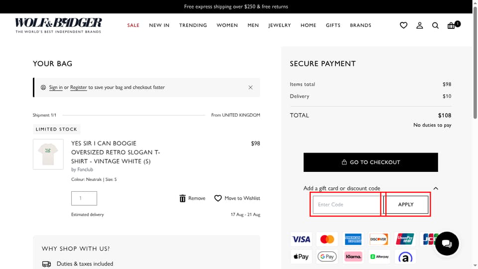 Wolf & Badger checkout page showing the Enter Code field and Apply button