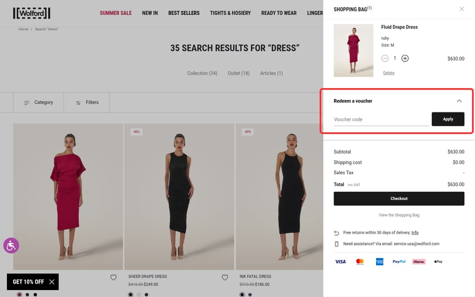 Wolford checkout page showing the Voucher code field and Apply button