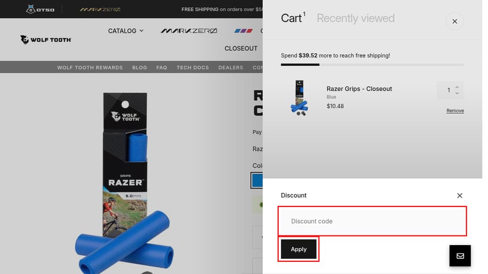 Wolf Tooth Components checkout page showing the Discount code field and Apply button
