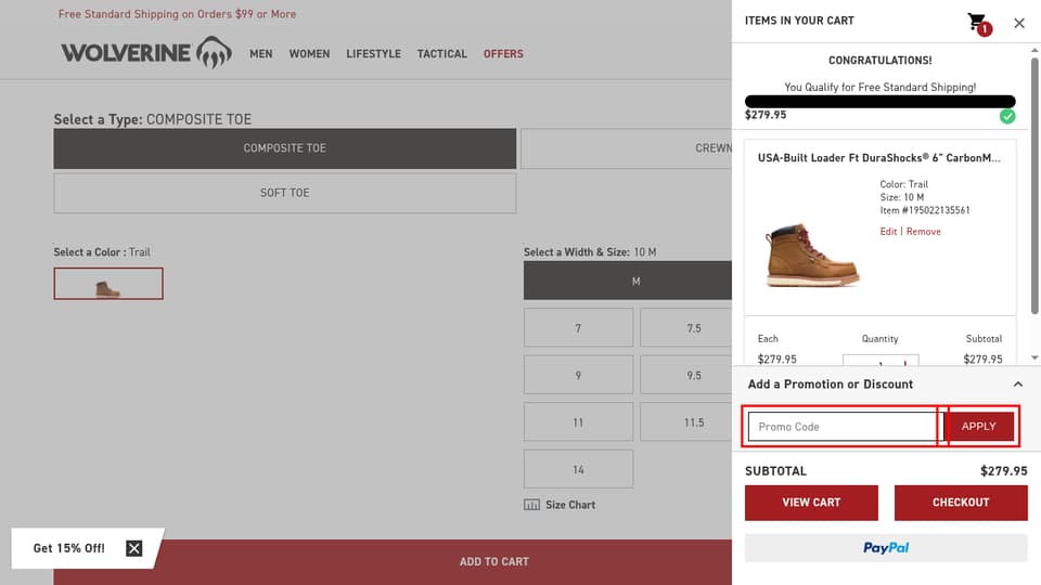 Wolverine checkout page showing the Promo Code field and Apply button