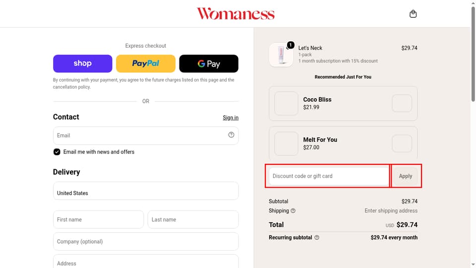 Womaness checkout page showing the Discount code or gift card field and Apply button