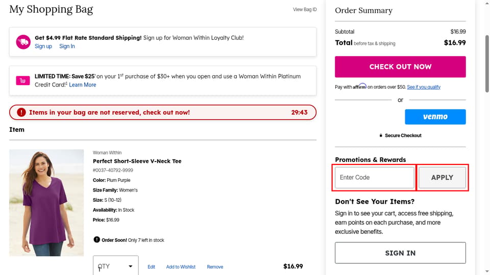 Woman Within checkout page showing the Enter Code field and APPLY button