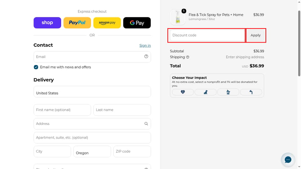 Wondercide checkout page showing the Discount code field and Apply button
