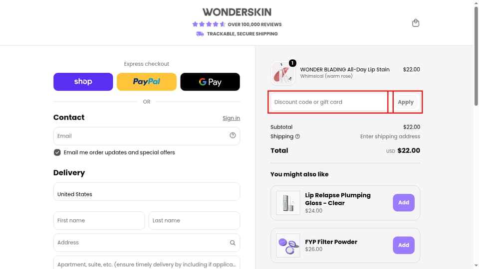 Wonderskin checkout page showing the Discount code or gift card field and Apply button