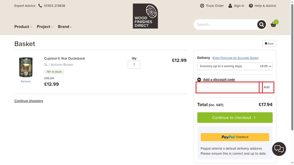 Wood Finishes Direct checkout page showing the Add a discount code field and Add button