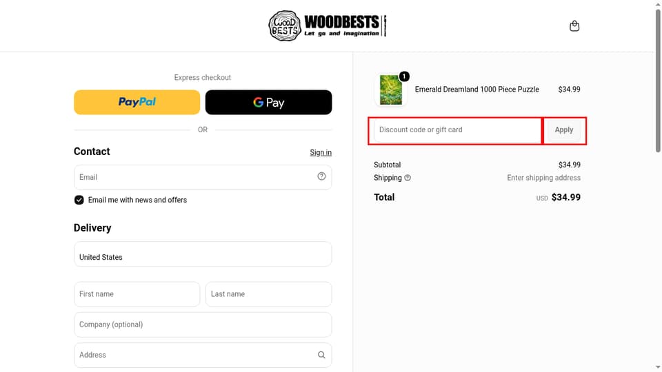 Woodbests checkout page showing the Discount code or gift card field and Apply button