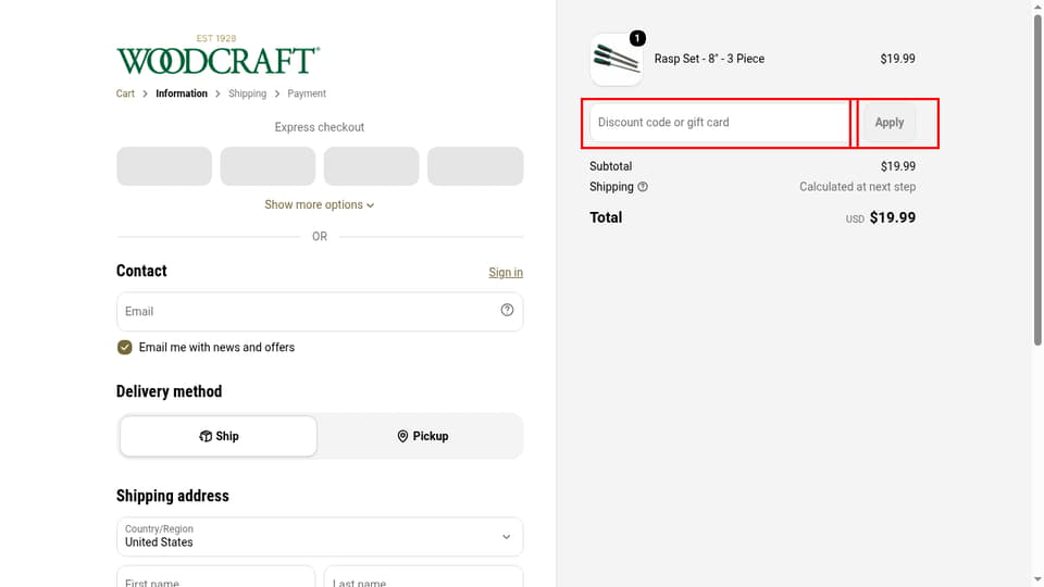 Woodcraft checkout page showing the Discount code or gift card field and Apply button