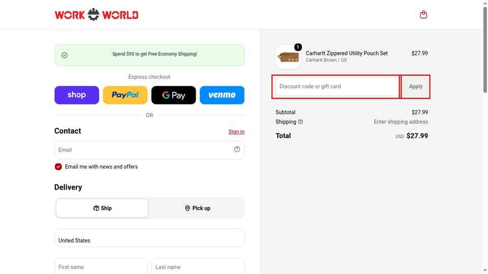 Work World checkout page showing the Discount code or gift card field and Apply button