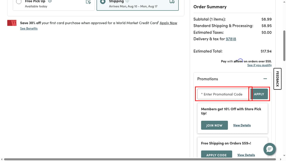 World Market checkout page showing the Enter Promotional Code field and APPLY button
