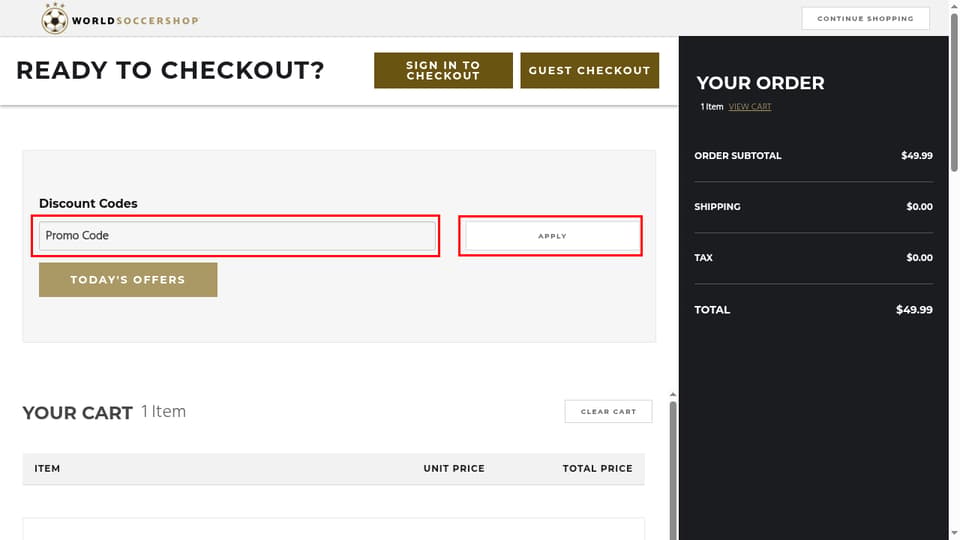World Soccer Shop checkout page showing the Promo Code field and APPLY button