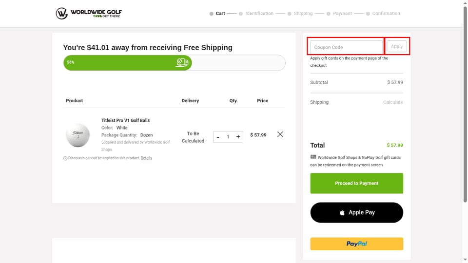 Worldwide Golf Shops checkout page showing the Coupon Code field and Apply button