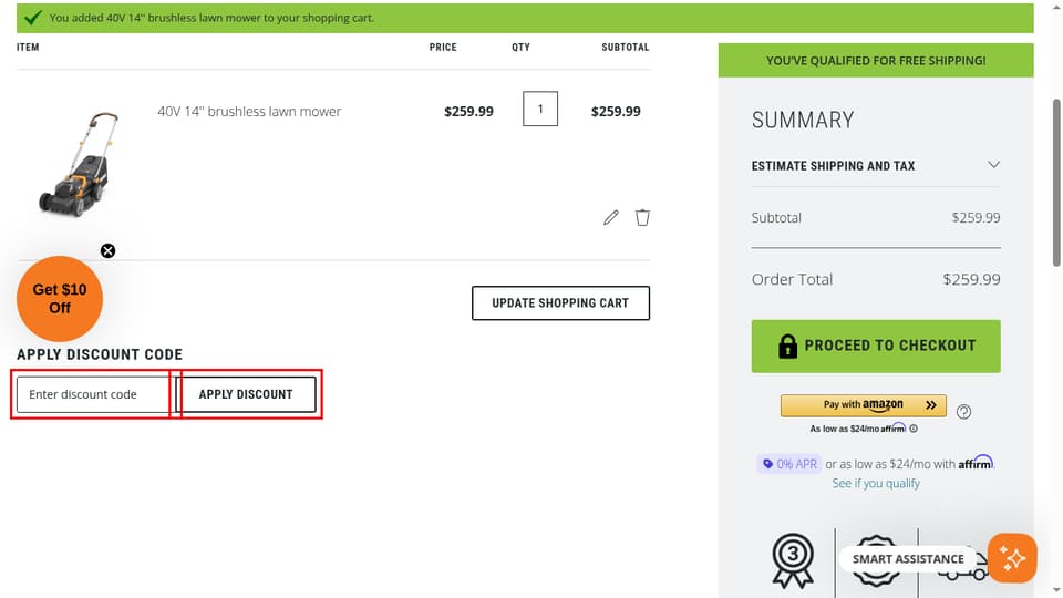 Worx checkout page showing the Enter discount code field and Apply Discount button