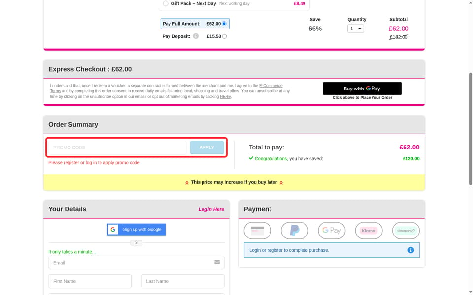 Wowcher checkout page showing the PROMO CODE field and APPLY button