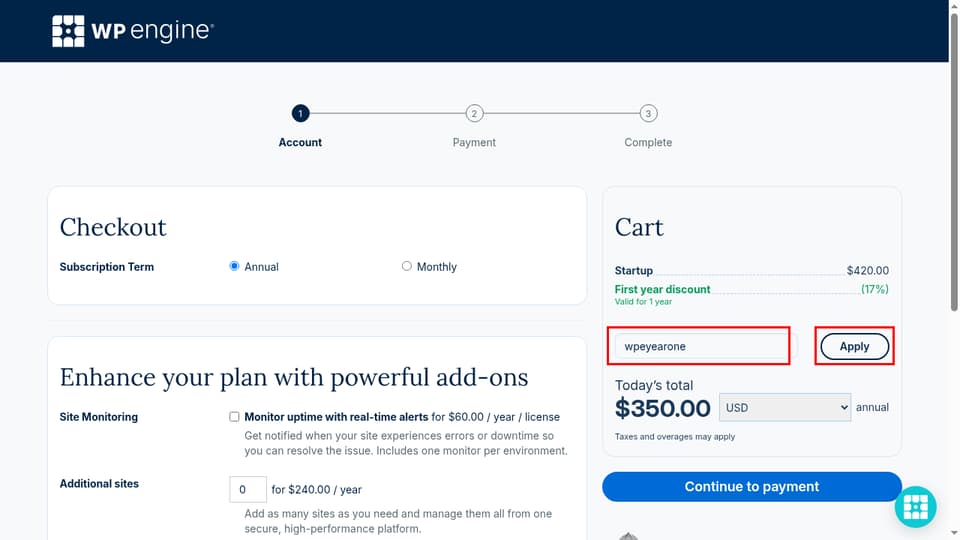 WP Engine checkout page showing the Coupon code field and Apply button