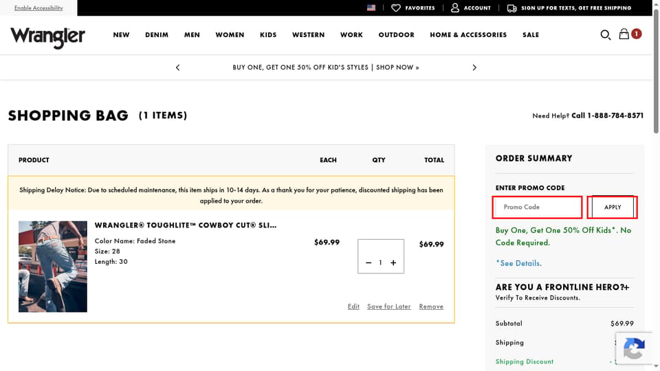 Wrangler checkout page showing the Promo Code field and Apply button