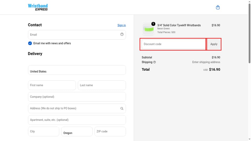 Wristband Express checkout page showing the Discount code field and Apply button