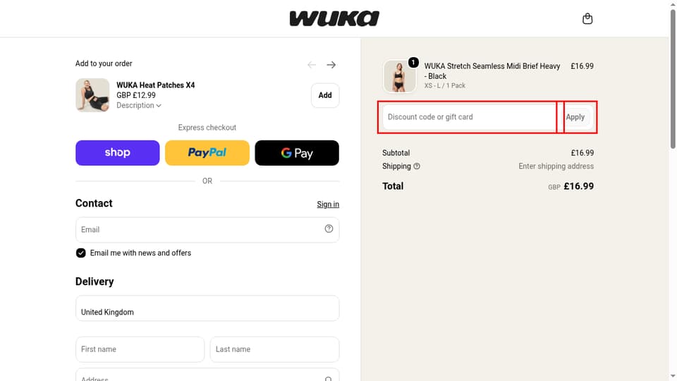 WUKA checkout page showing the Discount code or gift card field and Apply button