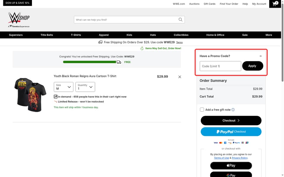 WWE checkout page showing the Code (Limit 1) field and Apply button