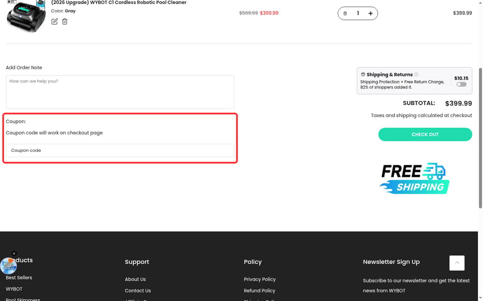WYBOT checkout page showing the Coupon code field and Check Out button
