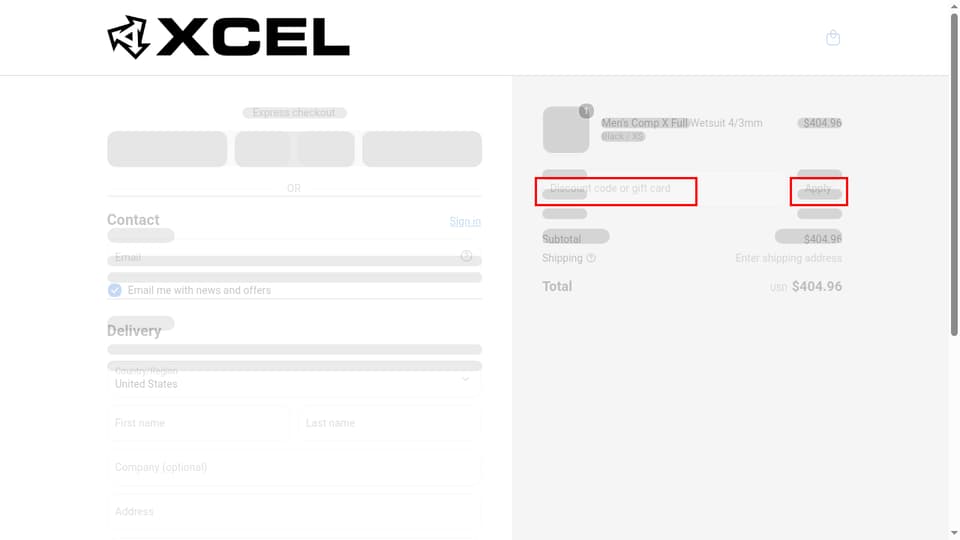 Xcel Wetsuits checkout page showing the Discount code or gift card field and Apply button