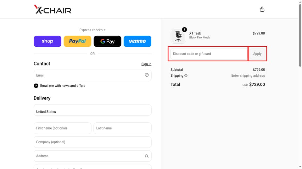 X-Chair checkout page showing the Discount code or gift card field and Apply button
