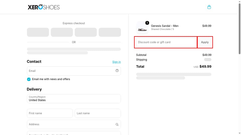 Xero Shoes checkout page showing the Discount code or gift card field and Apply button