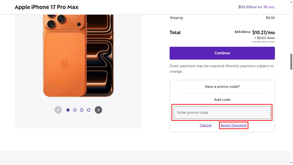 Xfinity checkout page showing the Enter promo code field and Apply Discount button