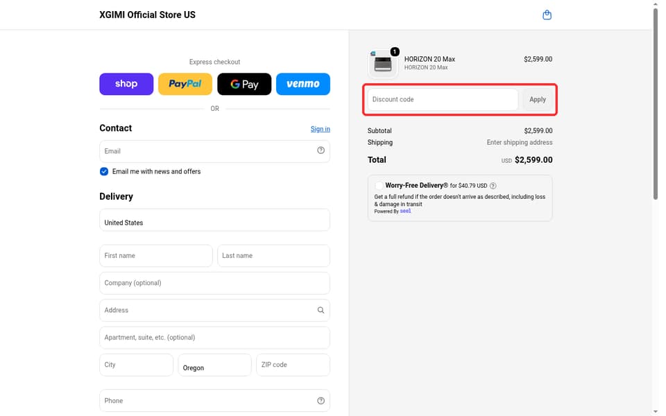 XGIMI checkout page showing the Discount code field and Apply button