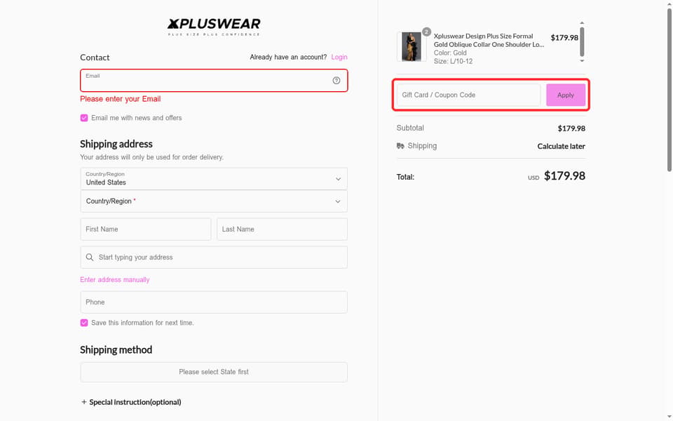 Xpluswear checkout page showing the Gift Card / Coupon Code field and Apply button