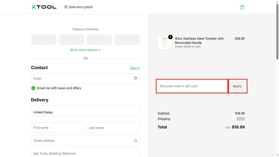 xTool checkout page showing the Discount code or gift card field and Apply button