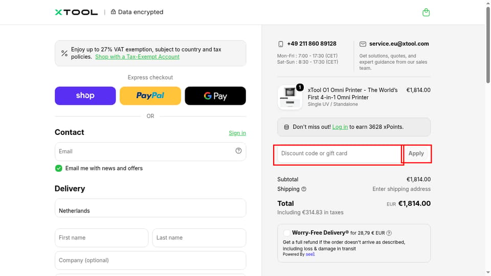 xTool Europe Store checkout page showing the Discount code or gift card field and Apply button