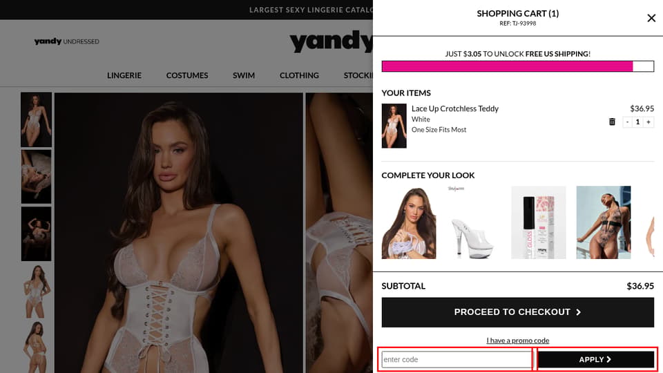 Yandy checkout page showing the enter code field and Apply button