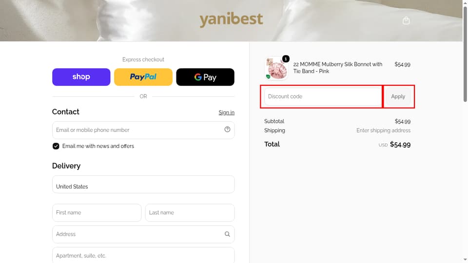 Yanibest checkout page showing the Discount code field and Apply button