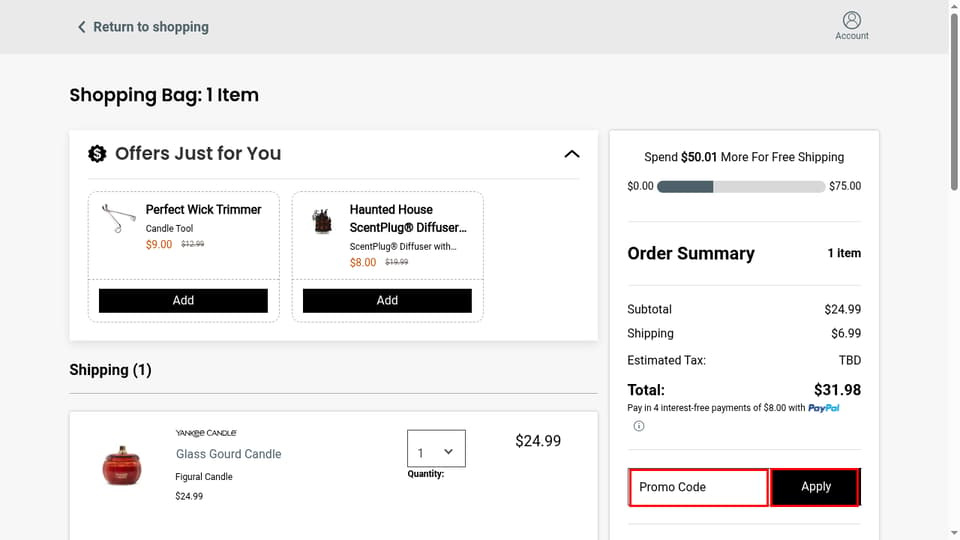 Yankee Candle checkout page showing the Promo Code field and Apply button