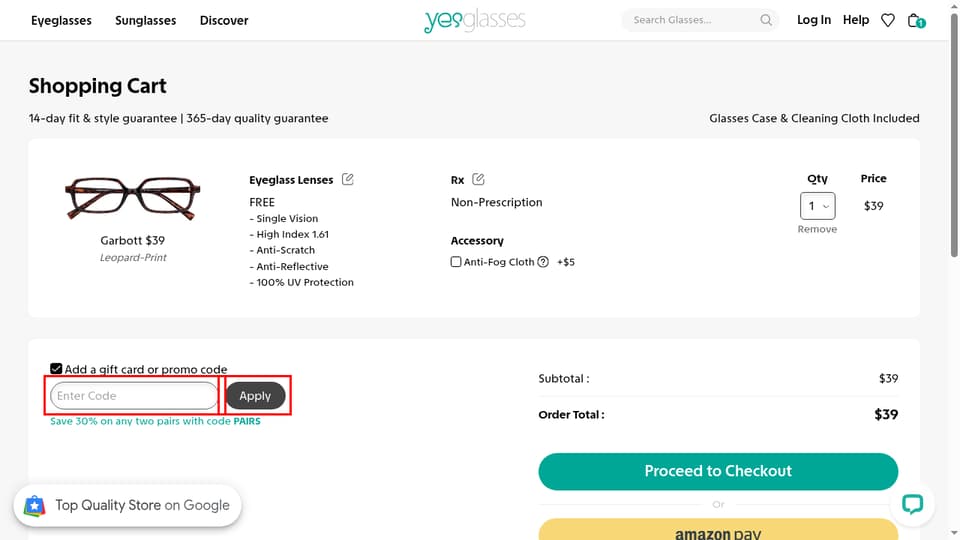 Yesglasses checkout page showing the Enter Code field and Apply button
