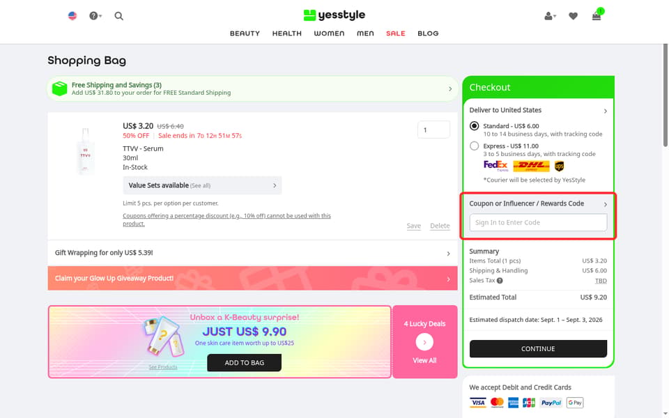 YesStyle checkout page showing the Sign In to Enter Code field and Apply button