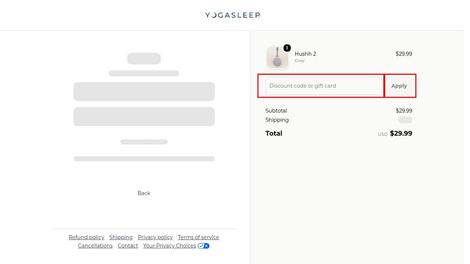 Yogasleep checkout page showing the Discount code or gift card field and Apply button