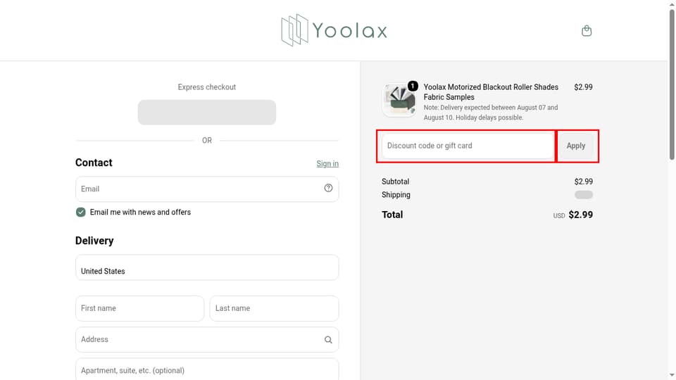 Yoolax checkout page showing the Discount code or gift card field and Apply button