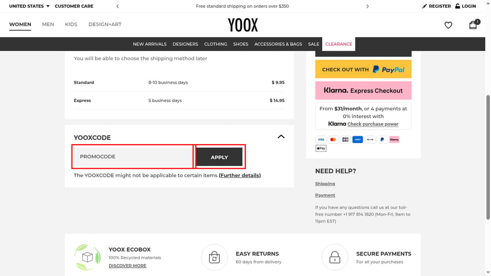 YOOX checkout page showing the PROMOCODE field and APPLY button