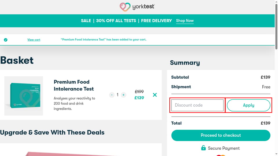 YorkTest checkout page showing the Discount code field and Apply button