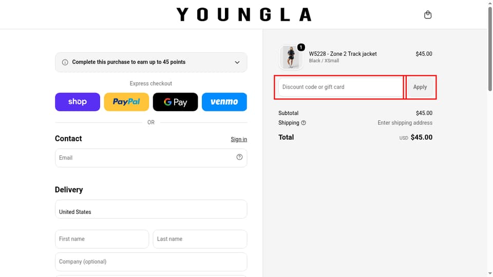 YoungLA checkout page showing the Discount code or gift card field and Apply button