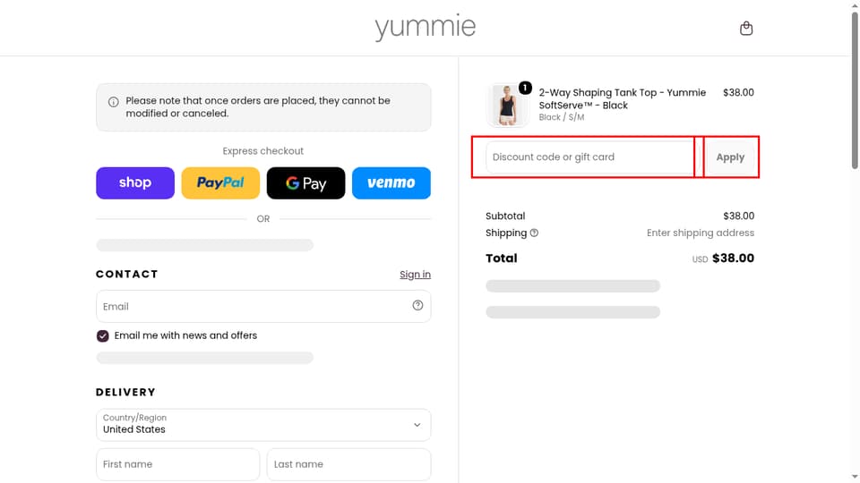 Yummie checkout page showing the Discount code or gift card field and Apply button