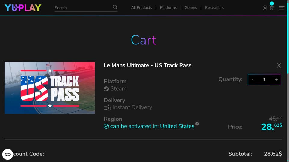 YUPLAY checkout page showing the Type discount code field and Apply button